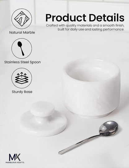 MARBLOUS KRAFTS Marble Salt Cellar with Lid & Spoon 3" White Small Flaky Salt Container, Seasoning Jar, Spice Storage Countertop, Ideal For Salt Box, Sugar Jar Kitchen Décor, Gift for Mom