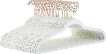 Amazon Basics Slim Velvet Non-Slip Space Saving Suit Clothes Hangers, Closet Organizer, Sturdy Construction, Ivory/Rose Gold, 50-Pack
