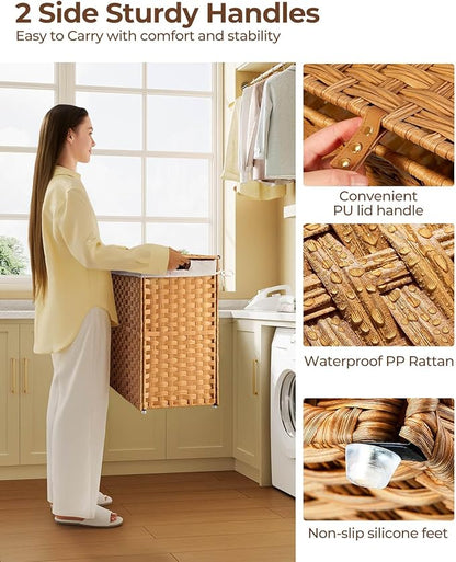 Greenstell Laundry Hamper with lid, No Install Needed, 130L Wicker Laundry Baskets Foldable 2 Removable Liner Bags, 2 Section Clothes Hamper Handwoven Rattan Laundry Basket with Handles, Natural