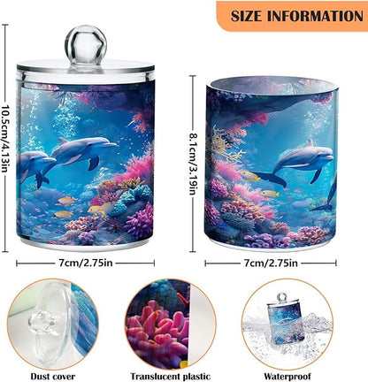 2 Pack Qtip Holder Dispenser Ocean Dolphins 10 Oz Bathroom Organizer with Lids Storage Canister for Cotton Ball,Cotton Swab,Cotton Round Pads,Floss
