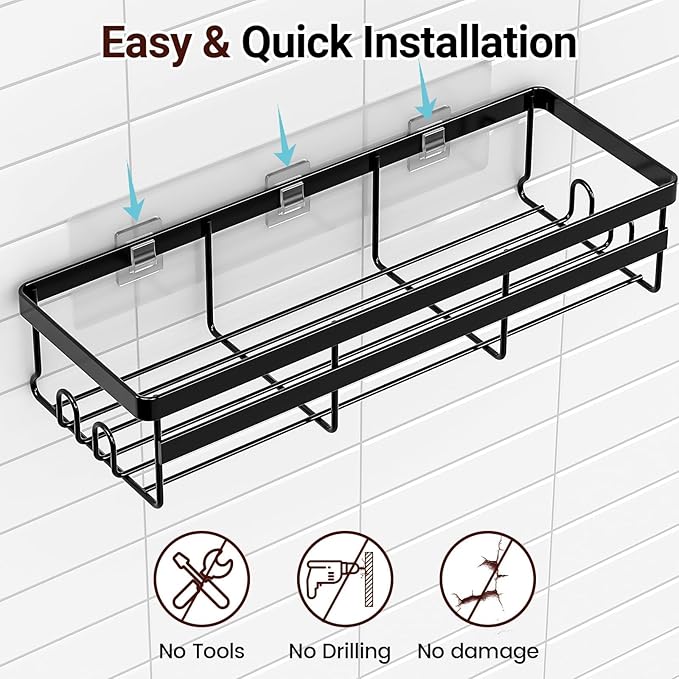 WOWBOX Shower Caddies 2 Pack - Adhesive Hanging Shower Shelf - Bathroom & Kitchen Organizers and Storage, No Drilling Stainless Shower Shelves for Home Decor Storage (Large), Black