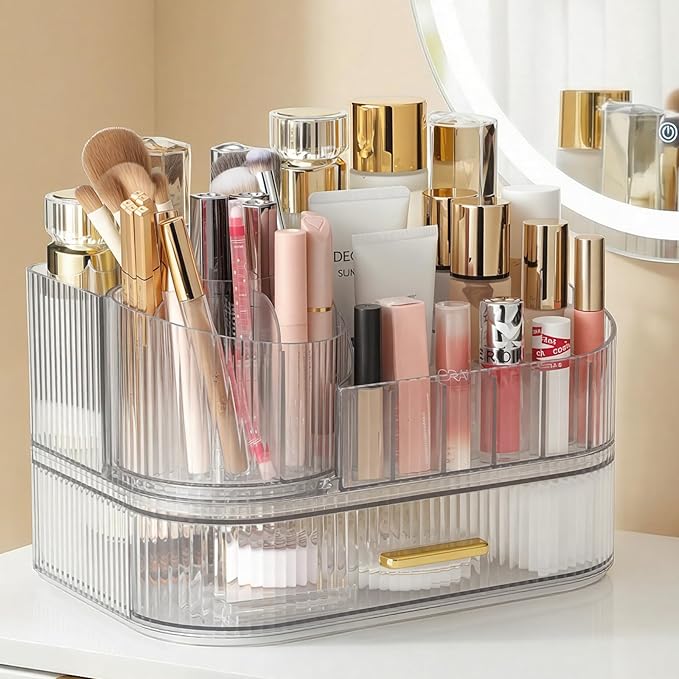 Delamu Makeup Organizer for Vanity with Stackable Drawers, 360 Rotating Makeup Brush Holder Large Cosmetic Display Case, Bathroom Skincare Storage, Crystal Clear, Ideal Gifts for Women