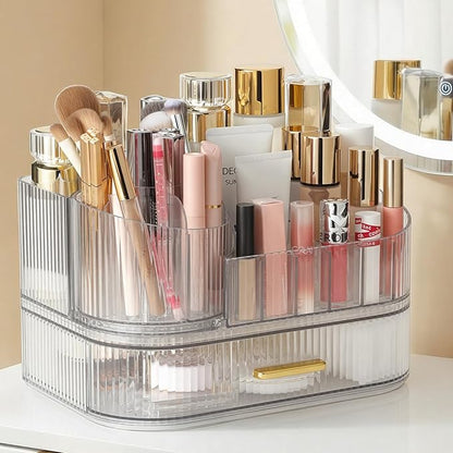 Delamu Makeup Organizer for Vanity with Stackable Drawers, 360 Rotating Makeup Brush Holder Large Cosmetic Display Case, Bathroom Skincare Storage, Crystal Clear, Ideal Gifts for Women