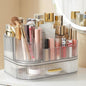 Delamu Makeup Organizer for Vanity with Stackable Drawers, 360 Rotating Makeup Brush Holder Large Cosmetic Display Case, Bathroom Skincare Storage, Crystal Clear, Ideal Gifts for Women