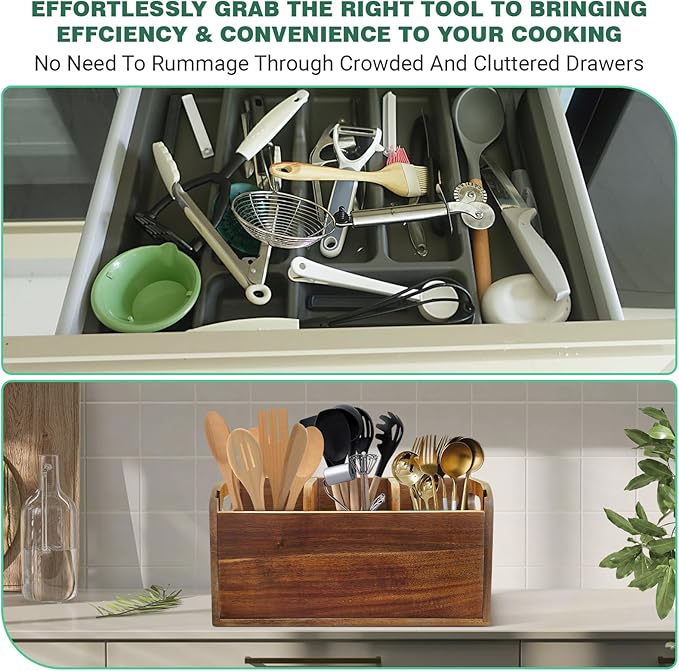 Kitchen Utensil Holder for Countertop with 3 Compartments，Acacia Wood Utensil Holder Cooking Spatula Organizer Large Cutlery Organizer for Kitchen Countertop Farmhouse Kitchen Decor