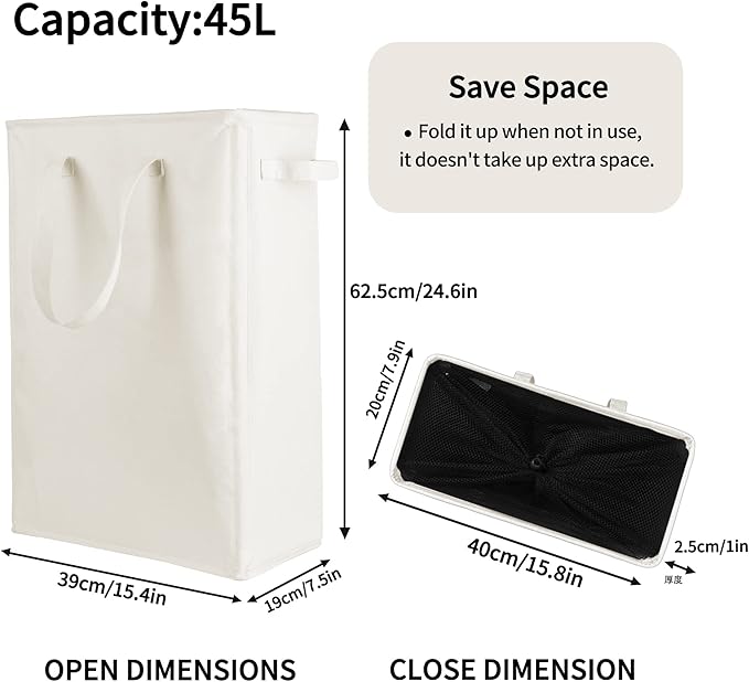 Odonata Slim Laundry Hamper Handles Collapsible Laundry Basket Thin Dirty Clothes Basket Narrow Laundry Bag Foldable Dirty Hamper 45L (Beige)