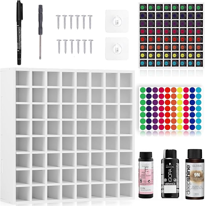 64 Grids Hair Color Organizer for 2oz Shades EQ Wall Mounted Hair Color Rack Stackable Hair Dye Holder Paint Bottle Rack Stand for Salon Decor Lumishine Igora Vibrance Deepshine Use (1, White)