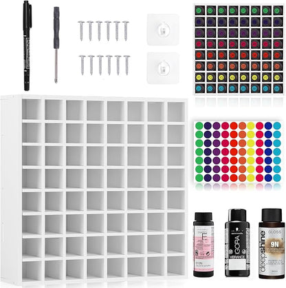 64 Grids Hair Color Organizer for 2oz Shades EQ Wall Mounted Hair Color Rack Stackable Hair Dye Holder Paint Bottle Rack Stand for Salon Decor Lumishine Igora Vibrance Deepshine Use (1, White)
