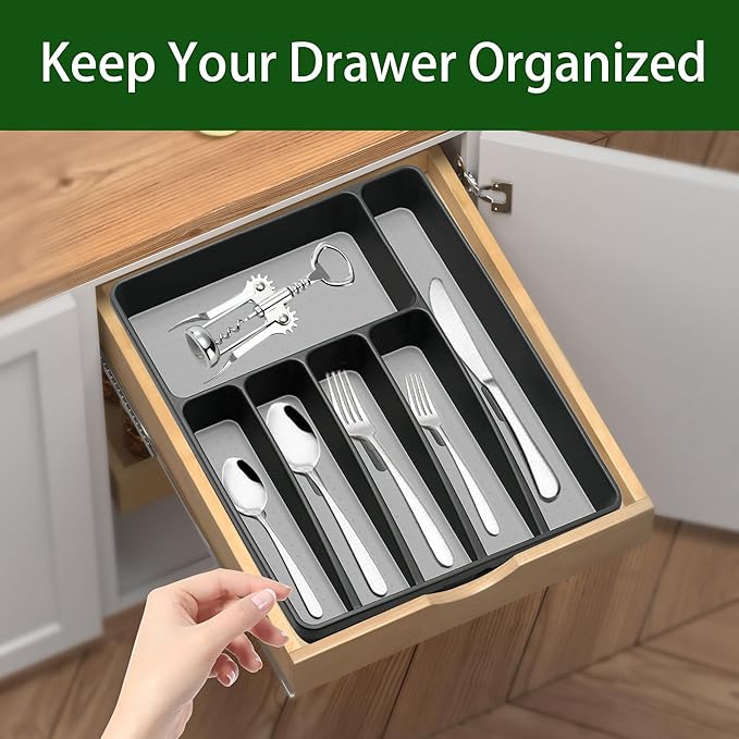Loyareal Silverware Organizer Utensil Organizer Holder Kitchen Drawer Organizer Plastic Silverware Tray for Drawer Flatware Organizer 6 Compartment Black