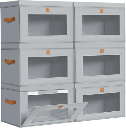 DIMJ Storage Bins with Lids - 6 Pack Large Fabric Closet Organizer with Window & Handles, Collapsible Decorative Storage Boxes for Shelves Under Bed, Books Clothes Blankets Sweaters Organization