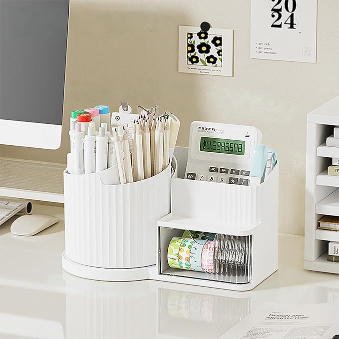 Anyoifax 360 Rotating Makeup Brush Holder Organizer with Drawer 5 Slots Make Up Brushes Cup Flower-Shaped Spinning Pen Holder for Vanity, Cosmetics, Lipsticks, White