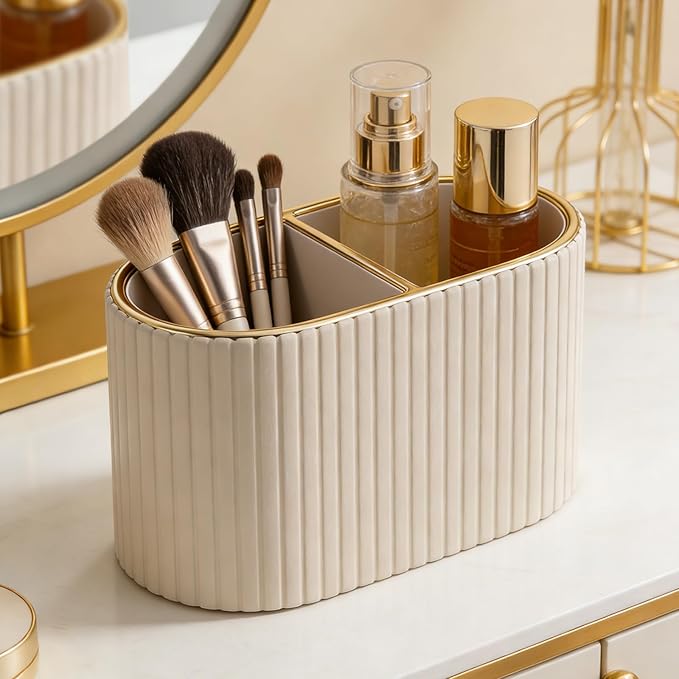 KINGFOM Makeup Brush Holder Organizer with Divider, PU Leather Vanity Brush Holder for Bathroom Countertop & Dressing Table, Cosmetic Desktop Storage Caddy for Makeup Tools Oval, Gift for Women Beige