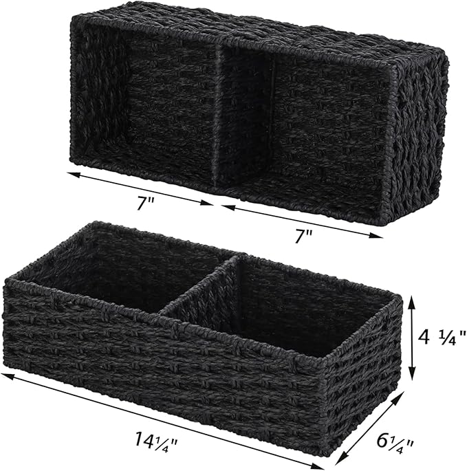 Vagusicc 2 Section Wicker Storage Basket, Black Wicker Baskets, Toilet Tank Basket, Small Baskets for Organizing Storage Shelves, 2-Pack