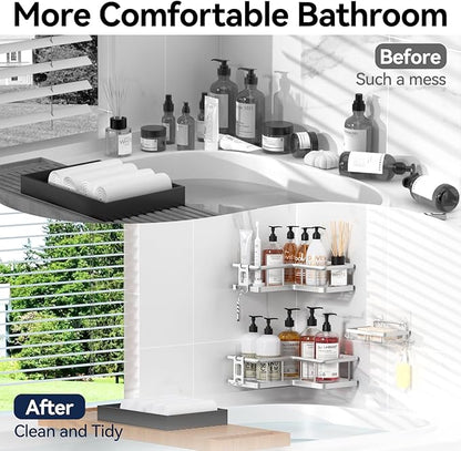 YASONIC Corner Shower Caddy Organizer, Self-Adhesive Rustproof Bath Shelves with Soap Holder & 4 Hooks, Large Capacity Shower Storage Rack for Bathroom Organization, (3Pack, Silver)
