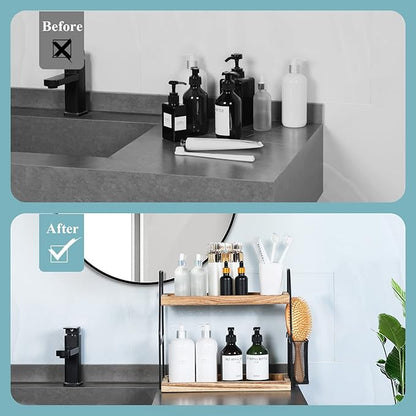 Bathroom Counter Organizer, 2-Tier Standing Storage Shelf with Basket, Wood Tray for Skincare Vanity Organizer