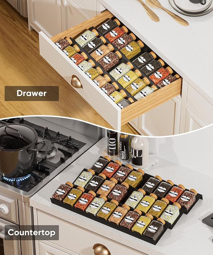Spice Drawer Organizer, Spice Rack Tray for Kitchen Cabinet, Expandable Seasoning Storage Rack Insert for Drawer/Countertop,9 Pieces Set, ABS (Jars Not Included)