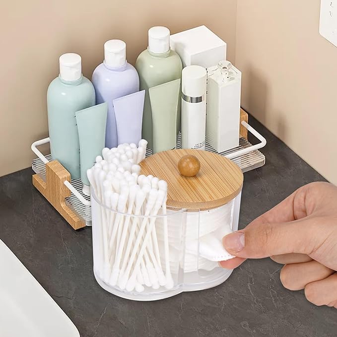 Adorila Compact Cotton Pad & Swab Holder with Bamboo Lid, Dust-Free Space-Saving Bathroom Vanity Organizer for Floss (Clear)