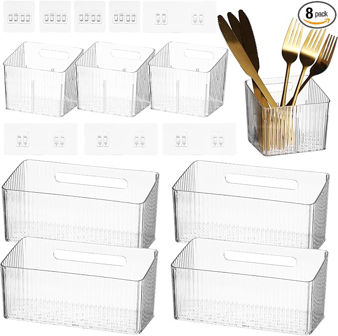 8 PCS Cabinet Door Organizer Bins, Clear Plastic Hanging Storage Baskets with Adhesive Hooks, Wall Mount Organizer for Bathroom, Fridge, Kitchen Pantry, Under Sink and Drawer, With Drain Holes