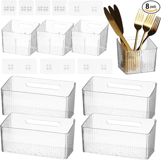 8 PCS Cabinet Door Organizer Bins, Clear Plastic Hanging Storage Baskets with Adhesive Hooks, Wall Mount Organizer for Bathroom, Fridge, Kitchen Pantry, Under Sink and Drawer, With Drain Holes
