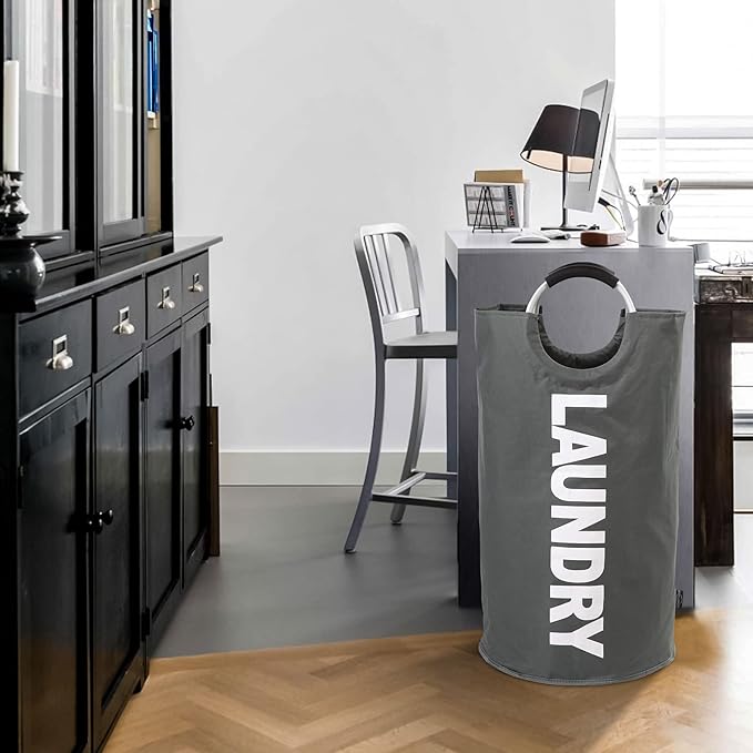 DOKEHOM 90L Large Laundry Basket, Collapsible Laundry Bag, Freestanding Tall Clothes Hamper, Foldable Washing Bin (Dark Grey)