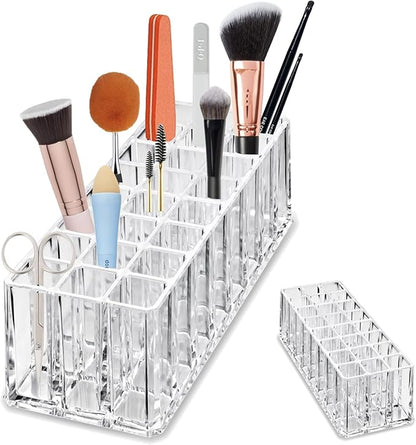 Acrylic Makeup Tool Organizer 24 Space Storage Deep Slot Refillable Container For Long Cosmetic Beauty Tool Organization Display Case