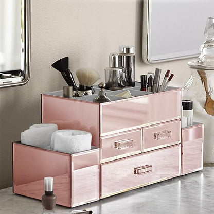 OnDisplay Amara 3 Drawer Tiered Mirrored Makeup/Jewelry Organizer - Glass Panel Organization Station for Cosmetics, Jewelry or Office/Desk Supplies