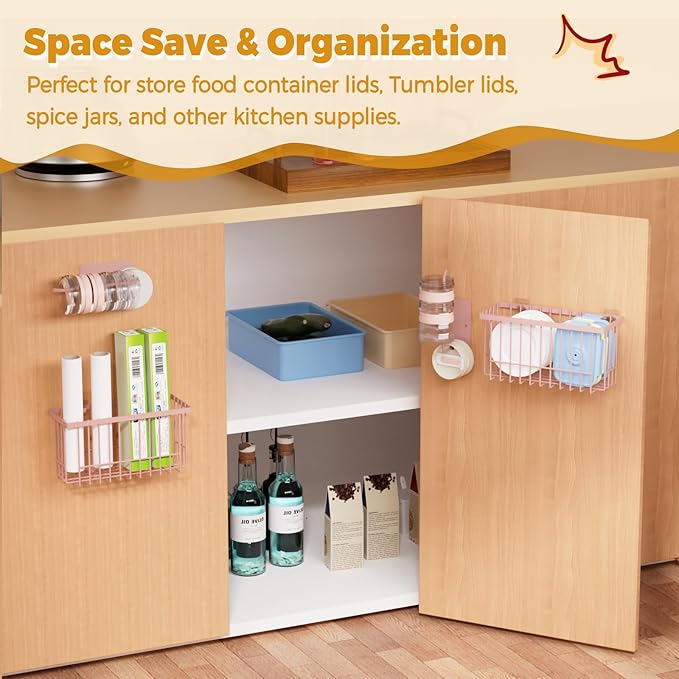 4 Pack Adhesive Cabinet Door Organizer - Tumbler Lid Organizer & Kitchen Storage baskets for Kitchen, Bathroom, Inside Cabinet Door Storage for Cup Lids, Spices, Small Supplies, Space-Saving (Pink)