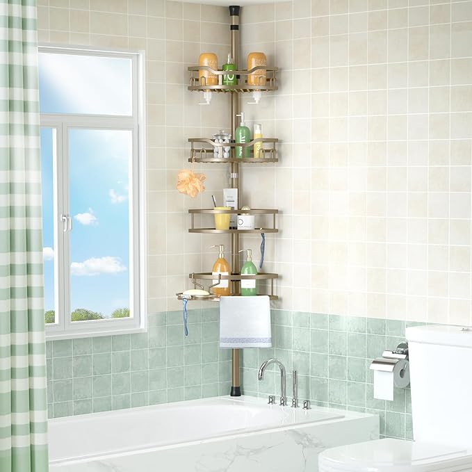 HAMITOR Corner Shower Caddy Tension Pole: Rustproof 4-Tier Bathroom Organizer Shelves for Bathtub Shampoo Storage - 47-121 Inch Quick Install Adjustable Rod Standing Rack with Soap Rack -Tan Khaki