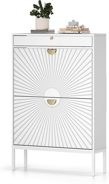 XIAO WEI Shoe Cabinet, Shoe Storage Organizer Cabinet with 2 Flip Wavy Line Drawers, Freestanding Shoe Rack with Adjustable Shelf for Entryway (White)