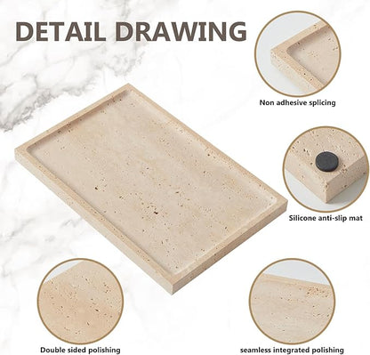 Real Luxurious Natural Travertine Tray - 12x8 Inch Marble Vanity Tray for Perfume Display, Jewelry Organizer, Bathroom & Home Decor -Heavy Duty Non-Slip Stone Tray (Non-Resin/Non-Ceramic)