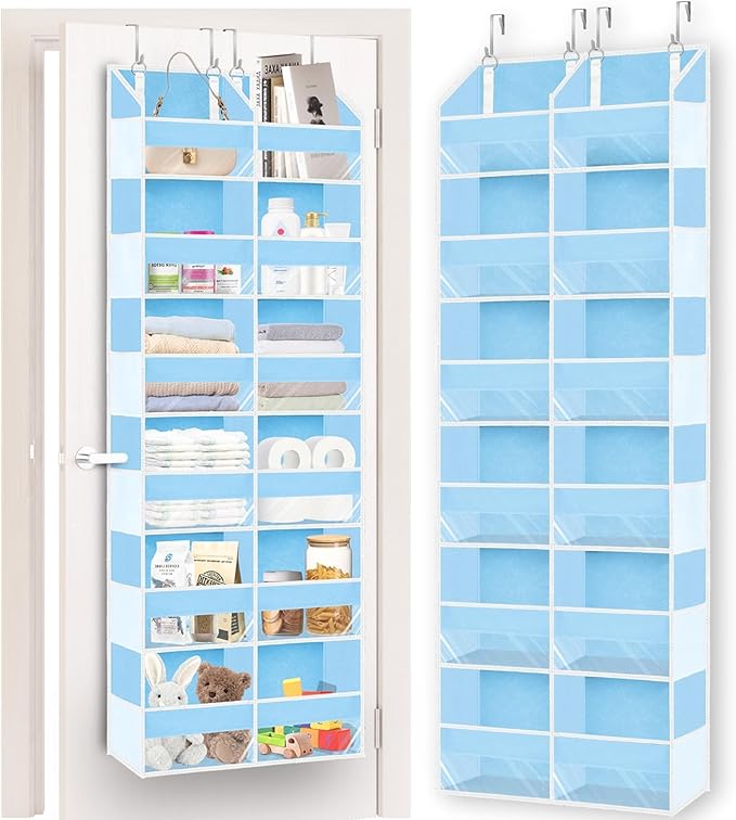 Over The Door Organizer 6 Tiers, Extra Large Behind Door Storage of 12 Compartments, 80 lbs Weight Capacity Hanging Storage Organizer with Clear Window Kids Toys,Shoes,Diapers,Room Storage,Blue