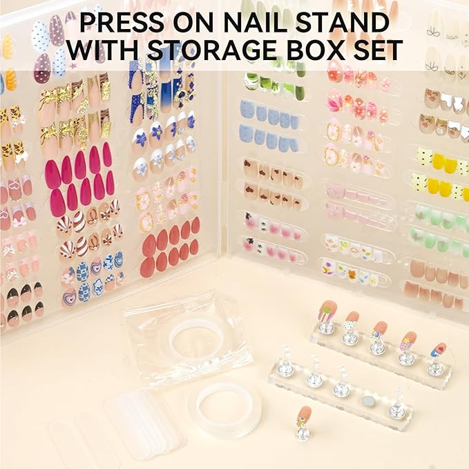 Nails Storage Box with Stand for Fake Nail,Large Empty Nail Box Case Use for Press On Display & Storage,Nail holder for Painting Practice,Acrylic Nail Display Stand for Design Home