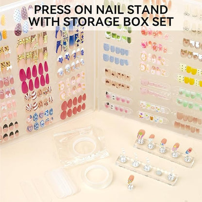 Nails Storage Box with Stand for Fake Nail,Large Empty Nail Box Case Use for Press On Display & Storage,Nail holder for Painting Practice,Acrylic Nail Display Stand for Design Home