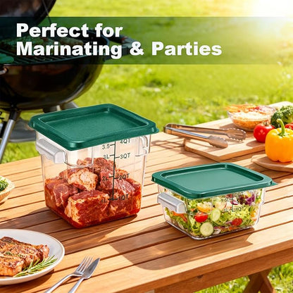 4 Pack 2QT & 4QT Food Storage Containers with Green Lids, Clear Square Restaurant Commercial Food Storage Containers with Handle and Scale, Marinating Container Dough Rising Bucket for Home & Dining
