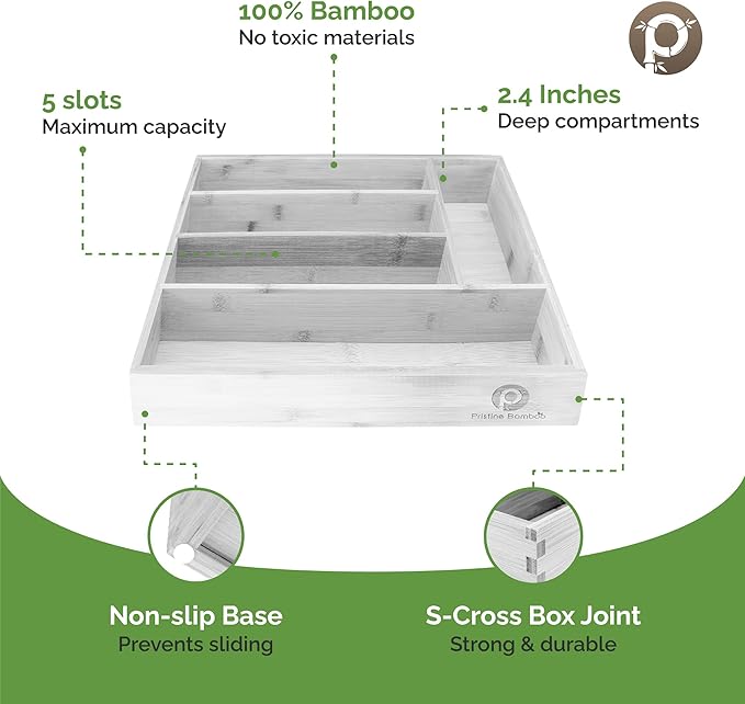 Pristine Bamboo Kitchen Drawer Organizer - Drawer Utensil Organizer and Cutlery Tray - Flatware and Silverware Holder (5-Slots, White)
