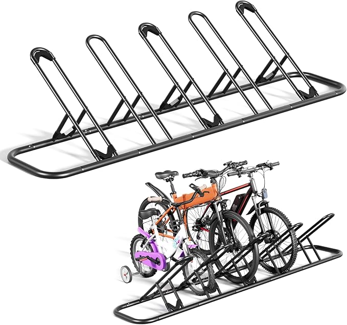 Mr IRONSTONE Floor Bike Rack for Garage, Indoor/Outdoor Storage Stand, Bicycle Parking Rack for Mountain, Road and Kids Bikes (Black, 5-Slot)