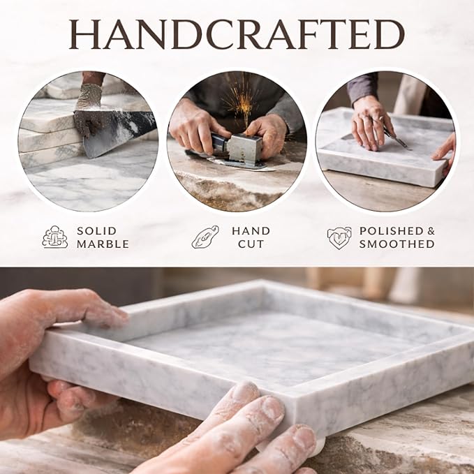 Natural White Marble Tray for Bathroom | Kitchen | Vanity | Desktop, Stone Organizer for Coffee Table, Dresser, Nightstand, Candles, Soap, Towel, Plant, Jewelry (12" x 8"), Rectangular