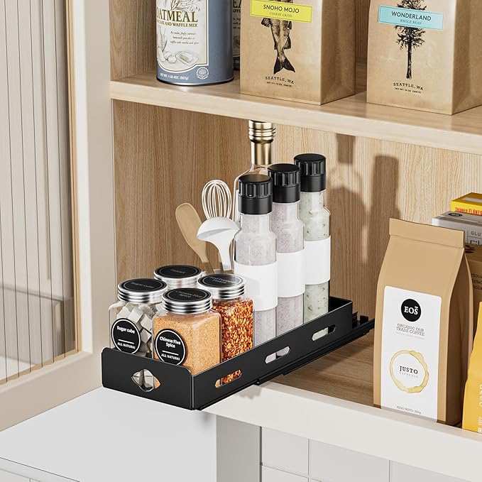 BOIVSHI Pull Out Spice Rack Organizer for Cabinet, Heavy Duty Spice Organizer for Cabinet, Vertical Spice Rack for Kitchen, Cabinet, Pantry, Cupboard (4.2''Wx10.5''Dx2.8''H, Metal Black)