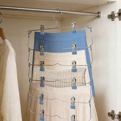 Skirt Pants Hangers with Clips,6Tier Skirt Hangers Space Saving,Metal Multi Pants Hangers and Storage Multi Clothes Shorts Hanger Organization,Space Saving Hangers with Clips (Blue, 4-Piece Set)