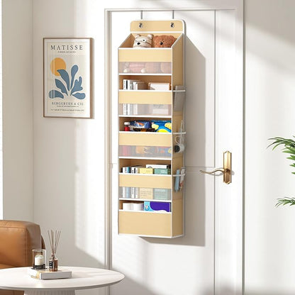 Kaitiemoo 1 Pack 5-Tier Over the Door Organizer, Heavy-Duty Large Deep Pocket Hanging With 5 Large Front & 6 Side Pockets With for Pantry, Kitchen, Bathroom, Dorm, Beige