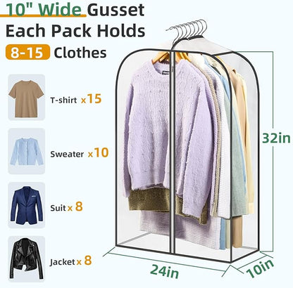 LANDNEOO 6 Pack Clear Garment Bags for Hanging Clothes with Zippers on Double Sides - 10'' Clothes Storage for Coat, Dress, and Fur in Closet - 32'' Long Suit Bags