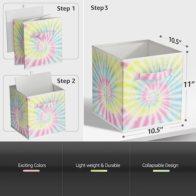 Sorbus 11 Inch Fabric Storage Cubes - Sturdy Collapsible Storage Bins & Handle - 6 Foldable Baskets for Organizing Clothes - Multi Colored Storage Baskets for Shelves (Light Tie-dye, 11 Inch)