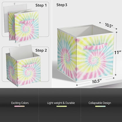 Sorbus 11 Inch Fabric Storage Cubes - Sturdy Collapsible Storage Bins & Handle - 6 Foldable Baskets for Organizing Clothes - Multi Colored Storage Baskets for Shelves (Light Tie-dye, 11 Inch)