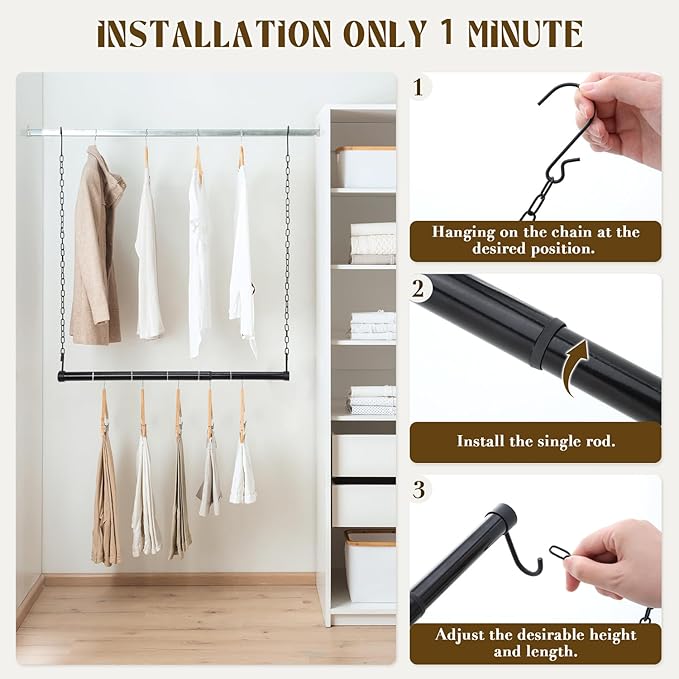 Hanging Closet Rod, 2PC Width and Height Adjustable Closet Rods for Hanging Clothes, 18"-27" Closet Hanging Rod for Space Saving, Double Hanging Closet 0rganizer, Closet Rods Black
