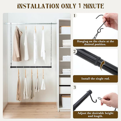 Hanging Closet Rod, 2PC Width and Height Adjustable Closet Rods for Hanging Clothes, 18"-27" Closet Hanging Rod for Space Saving, Double Hanging Closet 0rganizer, Closet Rods Black