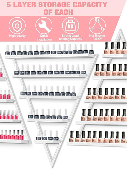 10PCS Metal Wall-mounted Nail Polish Storage Racks, Lorvain 5 Tiers White Triangular Display Rack Cosmetic Display Case Lipstick Perfume Wall Shelf Essential Oil Organizer for Home Spa Nail Salon Shop