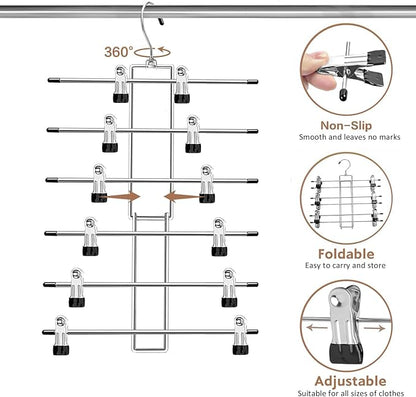 Pants Hangers with Clips,Space Saving Hanging Closet Organizer-6 Tiers Skirt Hangers with 360° Swivel Hook,Closet Organizer-Clothes Hangers- College Dorm Essentials Apartment Essentials-2 Pack