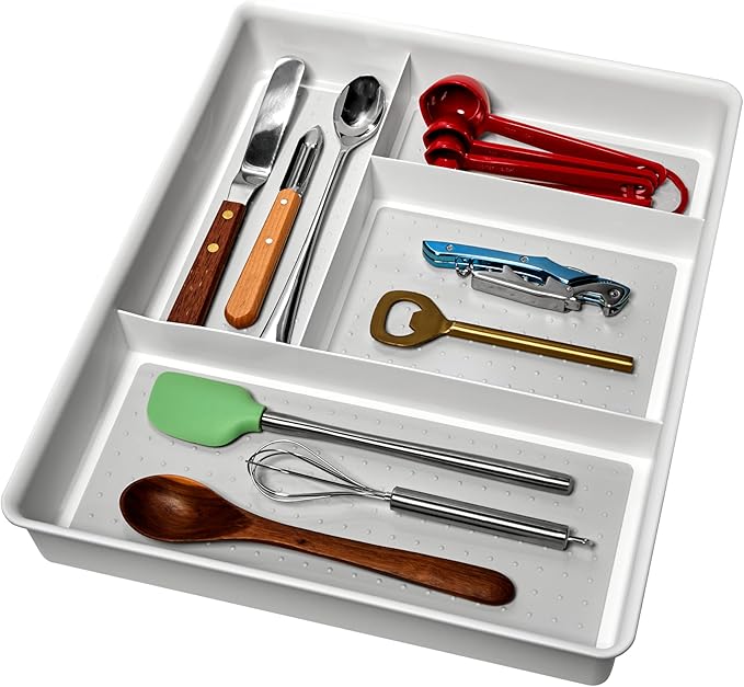 madesmart 4 Compartment Drawer Organizer, Multi Purpose Storage for Utensils, Office Tools, Cords, & Small Household Items, Tech Accessories, Arts & Crafts Supplies, Non Slip Lining, White