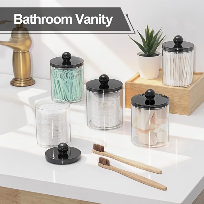 SheeChung 3 Pack Acrylic Qtip Holder Dispenser,Bathroom Jars with Lids Set for Cotton Swabs,Balls,Pads,Floss,Clear Plastic Canisters Apothecary Jars,Bathroom Essentials Makeup Vanity Organizer(10oz)