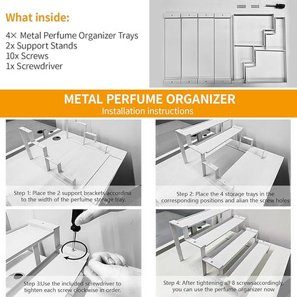 GOENDR Cologne Organizer for Men, 11.8 inch 4 Tier Metal Perfume Organizer Stand, Versatile Step Display Risers Shelf for Fragrance, Skincare, Figurine, Cupcake, Dessert, Spice, 1 Set White